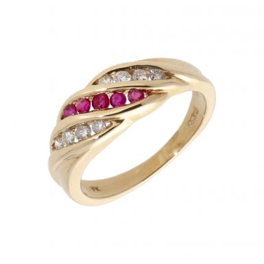 Pre-Owned 9ct Yellow Gold Ruby & Diamond Wave Dress Ring