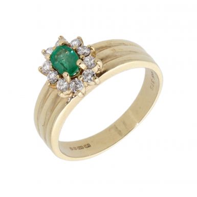 Pre-Owned 9ct Yellow Gold Emerald & Diamond Cluster Ring