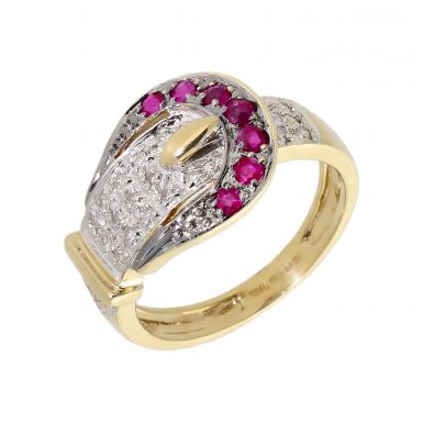 Pre-Owned 9ct Yellow Gold Ruby & Diamond Buckle Ring