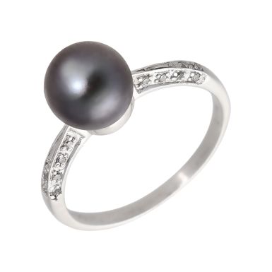 Pre-Owned 14ct White Gold Black Pearl Solitaire & Diamonds Ring