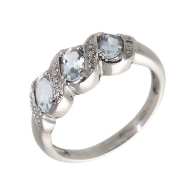 Pre-Owned 9ct White Gold Aquamarine & Diamond Trilogy Wave Ring