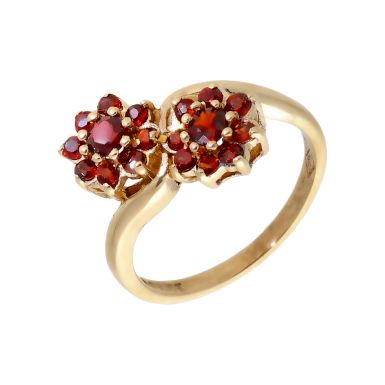 Pre-Owned 9ct Yellow Gold Double Garnet Cluster Twist Ring
