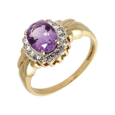 Pre-Owned 9ct Yellow Gold Amethyst & Diamond Cluster Ring