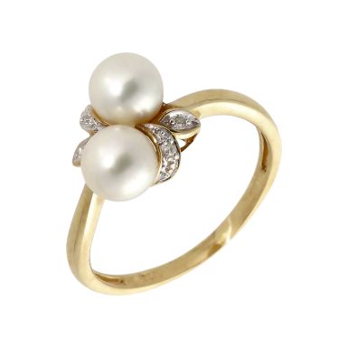 Pre-Owned 9ct Gold Faux Pearl & Diamond Twist Dress Ring