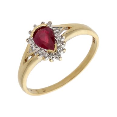 Pre-Owned 9ct Yellow Gold Ruby & Diamond Pear Cluster Ring