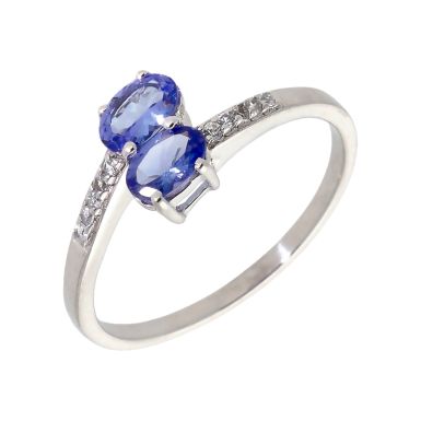 Pre-Owned 9ct White Gold Tanzanite 2 Stone Crossover Dress Ring