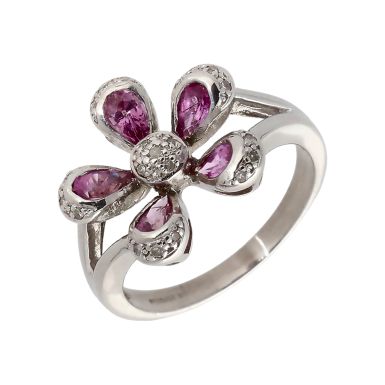 Pre-Owned 9ct White Gold Pink Topaz & Diamond Flower Ring