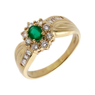 Pre-Owned 14ct Yellow Gold Emerald & Diamond Cluster Ring
