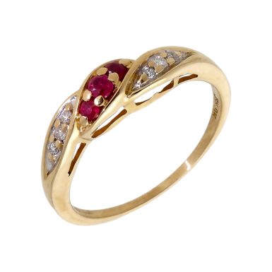 Pre-Owned 9ct Yellow Gold Ruby & Diamond Wave Dress Ring