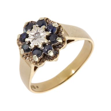 Pre-Owned Vintage 1981 9ct Gold Sapphire & Diamond Cluster Ring