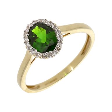 Pre-Owned 9ct Gold Green Chrome Diopside & Diamond Halo Ring