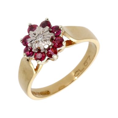 Pre-Owned Vintage 1977 9ct Gold Ruby & Diamond Cluster Ring