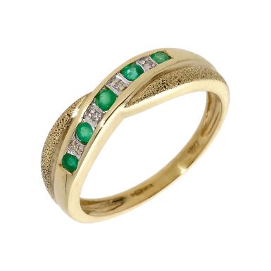 Pre-Owned 9ct Yellow Gold Emerald & Diamond Crossover Dress Ring