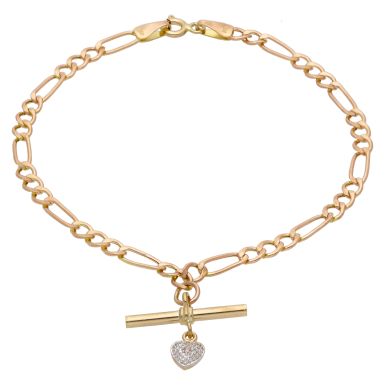 Pre-Owned 9ct Gold Diamond Heart & T-Bar Figaro Link Bracelet