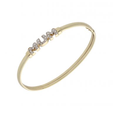 Pre-Owned 9ct Gold Cubic Zirconia Set Hollow Mum Bangle