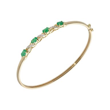 Pre-Owned 9ct Yellow Gold Hollow Emerald & Diamond Bangle