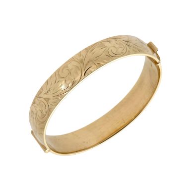 Pre-Owned Vintage 1973 9ct Gold Engraved Hollow Cuff Bangle