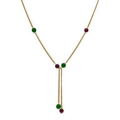 Pre-Owned 14ct Yellow Gold Red & Green Beaded Tassle Necklace