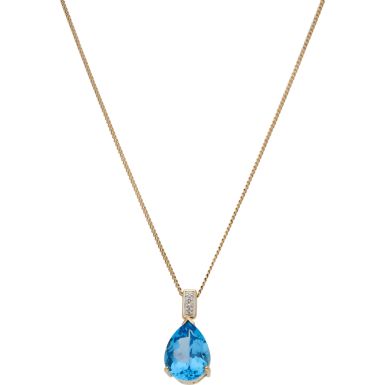 Pre-Owned 9ct Gold Blue Topaz Teardrop Pendant & Chain Necklace