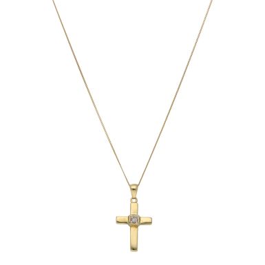 Pre-Owned 9ct Gold Diamond Set Cross Pendant & Chain Necklace