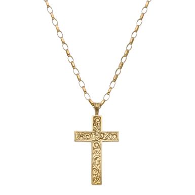 Pre-Owned 9ct Gold Patterned Cross Pendant & Chain Necklace