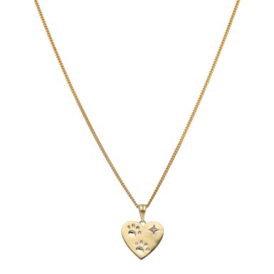 Pre-Owned 9ct Gold Diamond Set Paw Print Heart Pendant Necklace