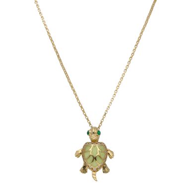 Pre-Owned 14ct Gold Gemstone Set Turtle Pendant & Chain Necklace