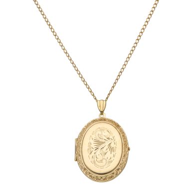 Pre-Owned 9ct Gold Patterned Oval Locket & Chain Necklace