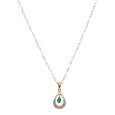 Pre-Owned 9ct Yellow Gold Emerald & Diamond Teardrop Necklace