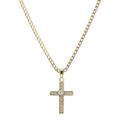 Pre-Owned 9ct Gold Cubic Zirconia Cross Pendant & Chain Necklace