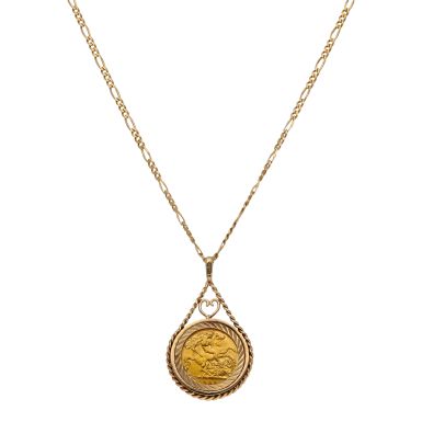 Pre-Owned 1909 Half Sovereign Coin In 9ct Gold Necklace Mount