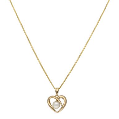 Pre-Owned 9ct Yellow Gold Pearl Heart Pendant & Chain Necklace