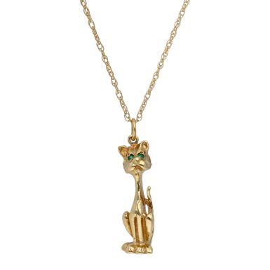 Pre-Owned 9ct Gold Gemstone Set Cat Pendant & Chain Necklace