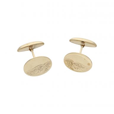 Pre-Owned 9ct Yellow Gold Part Patterned Oval Cufflinks