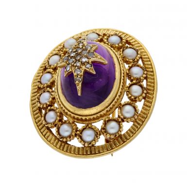 Pre-Owned 9ct Gold Vintage Amethyst Pearl & Diamond Star Brooch