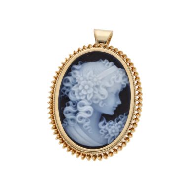 Pre-Owned 9ct Yellow Gold Blue Cameo Oval Brooch Pendant