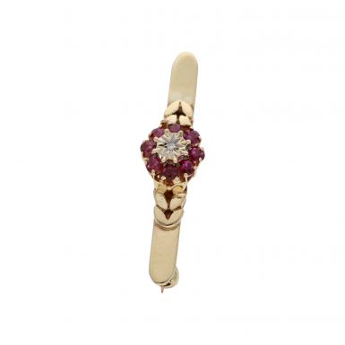 Pre-Owned 9ct Yellow Gold Ruby & Diamond Cluster Brooch
