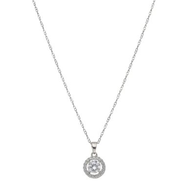 Pre-Owned Silver Cubic Zirconia Halo Pendant & Chain Necklace
