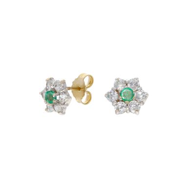 Pre-Owned 9ct Gold Green & White Cubic Zirconia Cluster Earrings