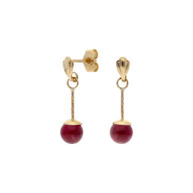 Pre-Owned 9ct Yellow Gold Red Bead Bar Drop Earrings