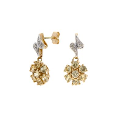 Pre-Owned 9ct Gold Yellow Zircon & Diamond Flower Drop Earrings
