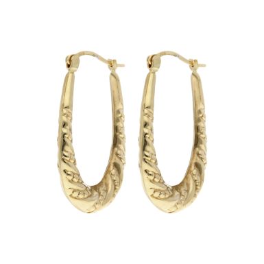 Pre-Owned 9ct Gold Bead Patterned Wave Oval Creole Earrings