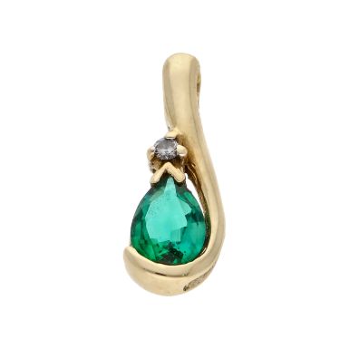 Pre-Owned 9ct Gold Synthetic Emerald & Diamond Teardrop Pendant