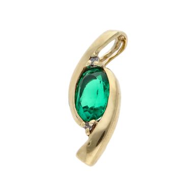 Pre-Owned 9ct Gold Synthetic Emerald & Diamond Wave Pendant
