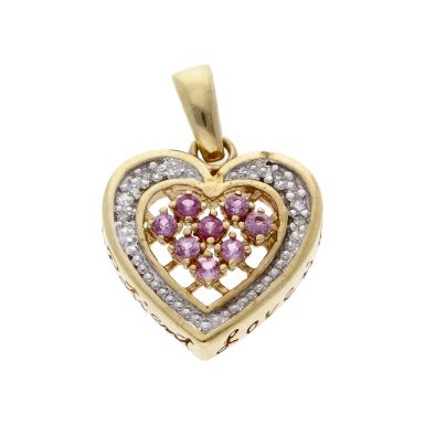 Pre-Owned 9ct Gold Pink Topaz & Diamond Engraved Heart Pendant