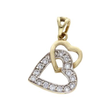 Pre-Owned 9ct Gold Cubic Zirconia Set Double Heart Pendant