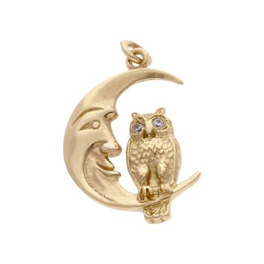 Pre-Owned 9ct Yellow Gold Owl & Moon Pendant