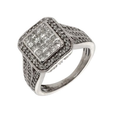 Pre-Owned 9ct White Gold 1.00ct Mixed Cut Diamond Cluster Ring