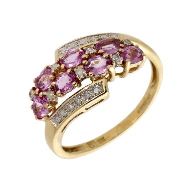 Pre-Owned 9ct Gold Pink Topaz & Diamond Twist Cluster Ring
