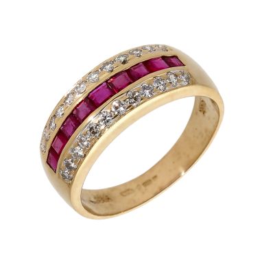 Pre-Owned 14ct Yellow Gold Ruby & Diamond Triple Row Dress Ring